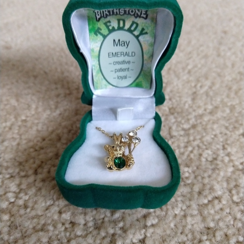 Vintage 80's Emerald Teddy Bear Birthstone Necklac